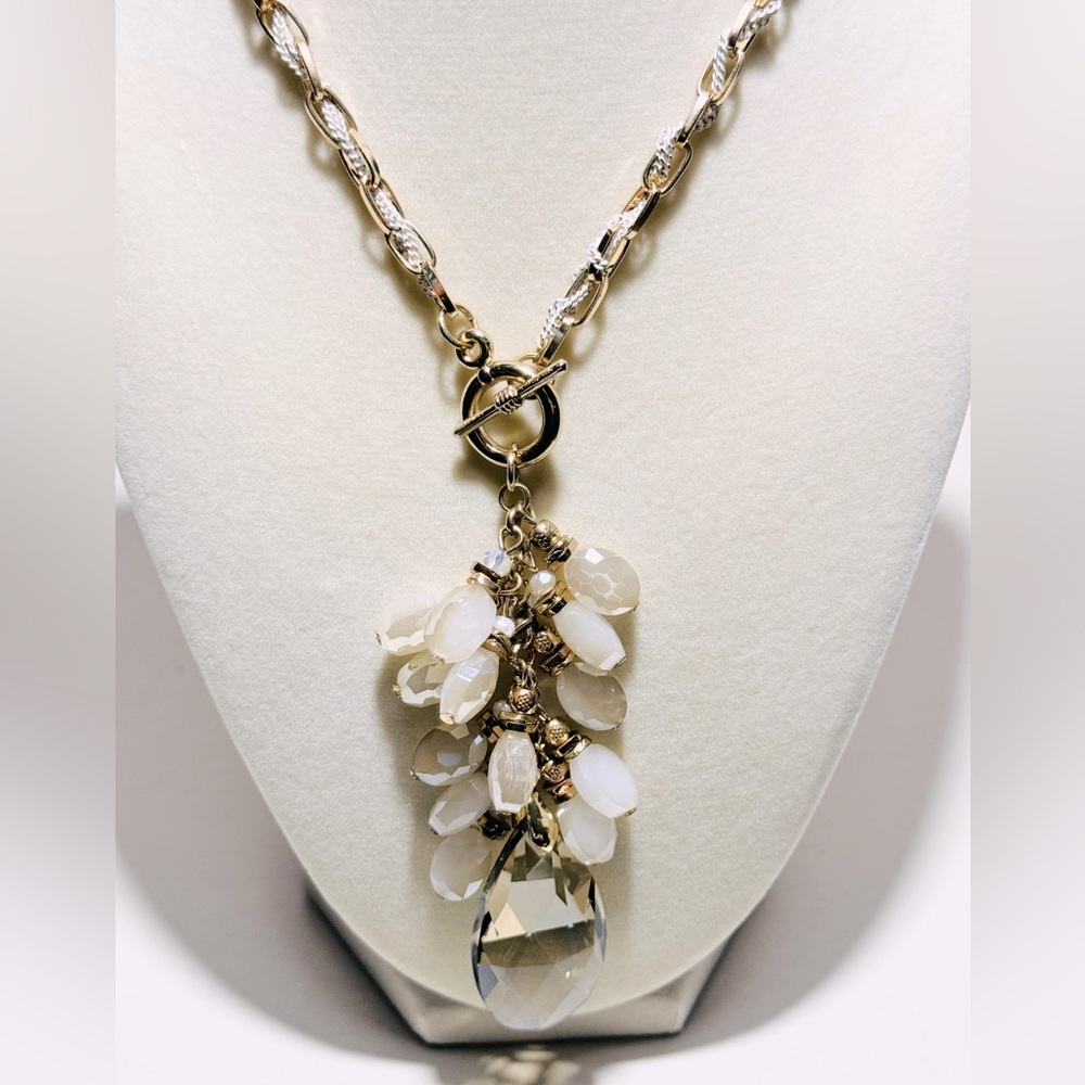 Gold-Tone Pendant Necklace with White Crystal Drops